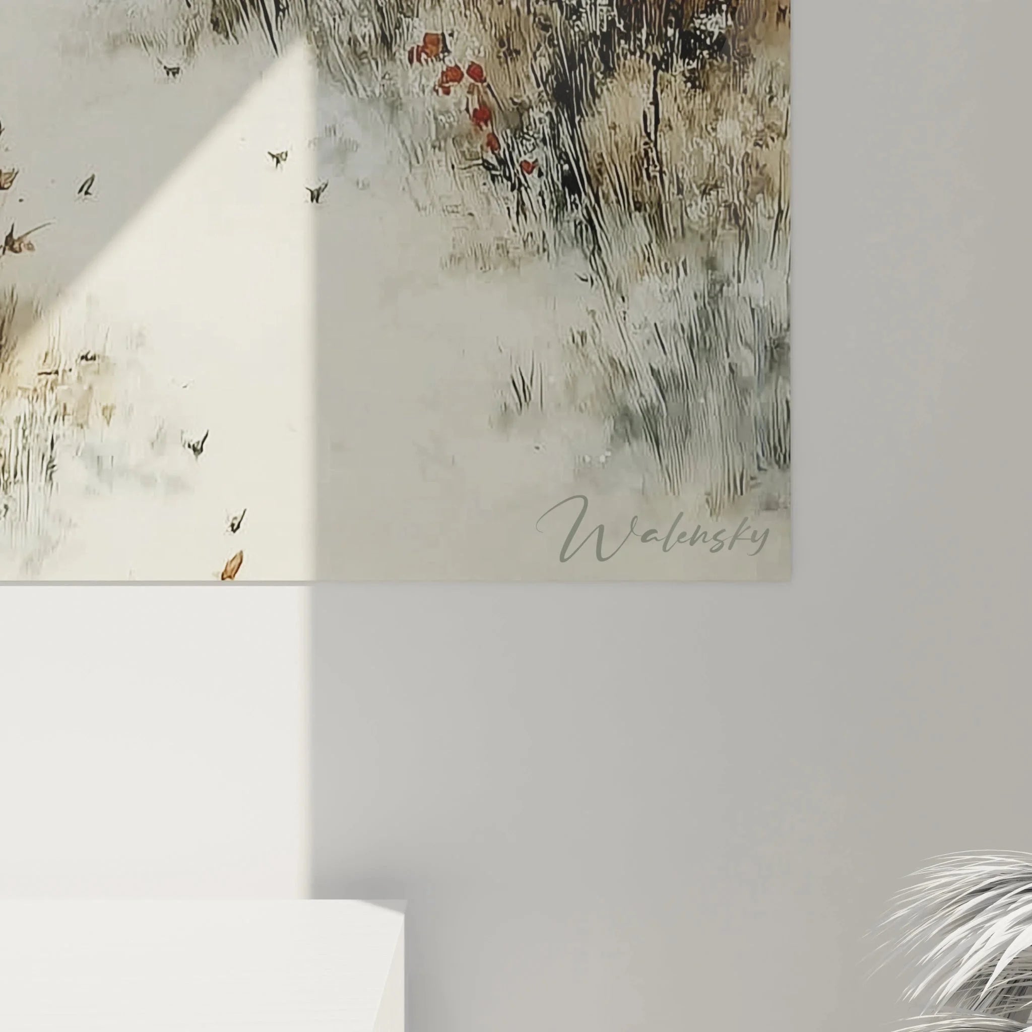 Wandbild Winterwald Gesamtansicht - verschneiter Birkenwald mit Holzbrücke im Hintergrund