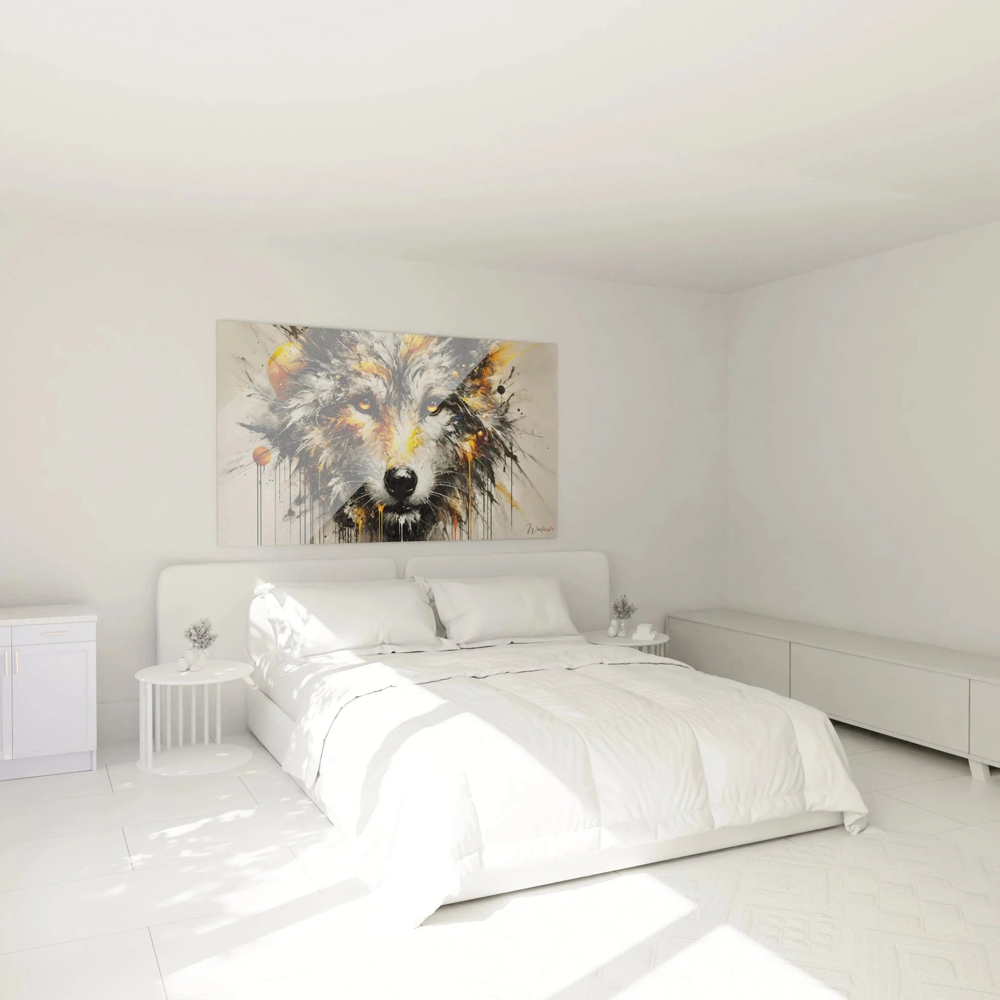 Wolf Aquarell Kunstdruck als Wanddekoration im modernen Schlafzimmer mit warmen Goldtönen