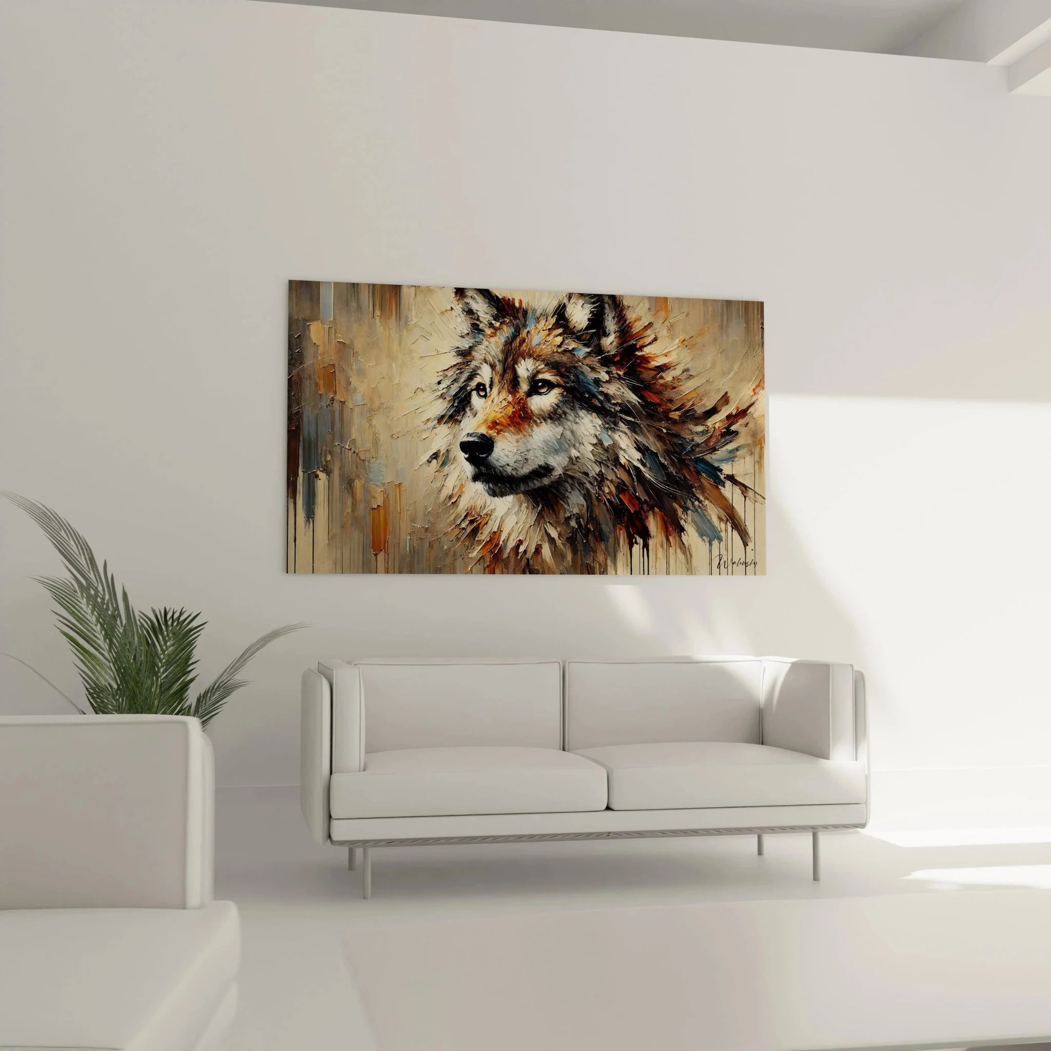 Detailaufnahme Wolf Leinwand - expressive Maltechnik mit warmen Farben und dynamischen Pinselstrichen