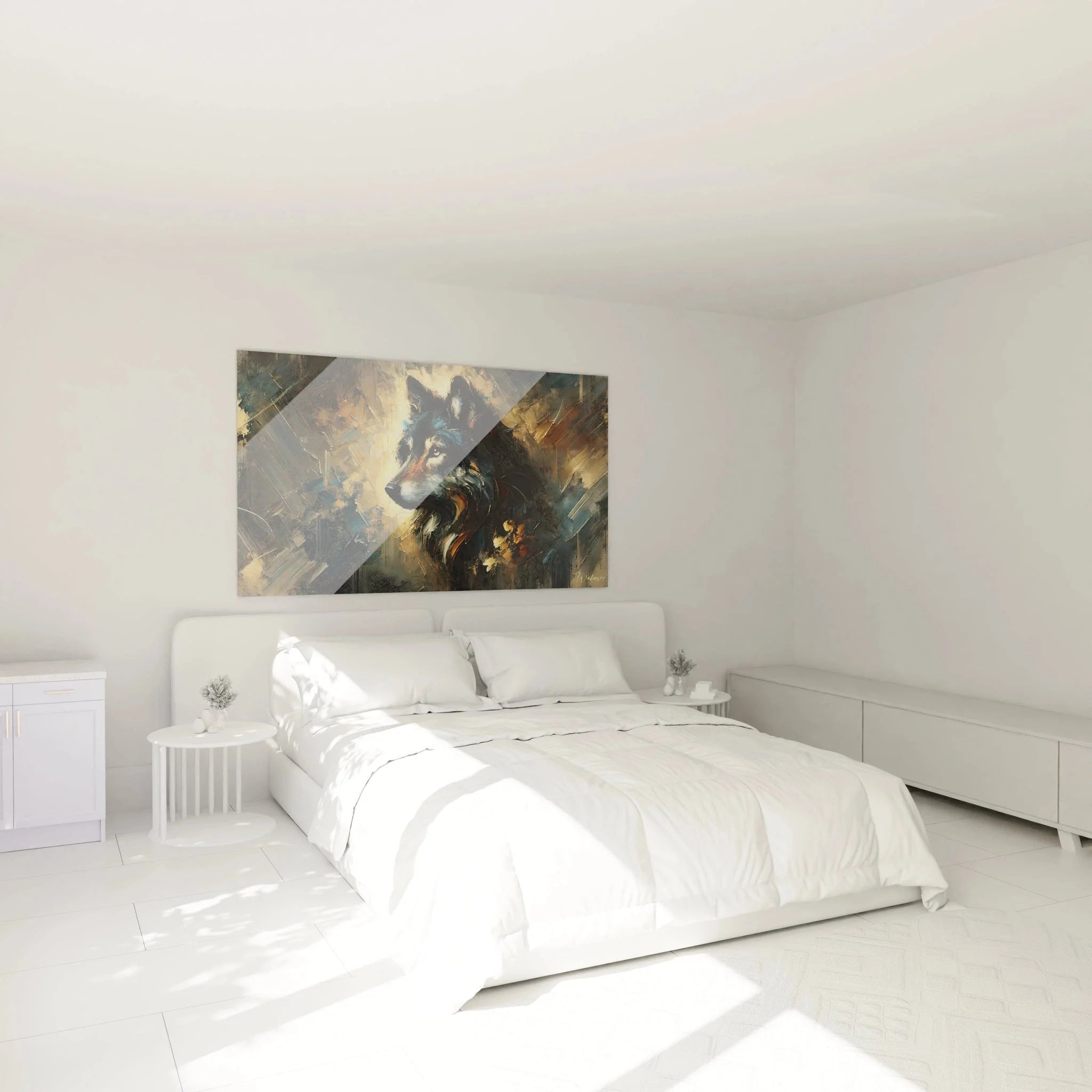 Wolf Wandbild im Schlafzimmer dekorative Wandkunst warme Atmosphäre gemütliche Raumgestaltung