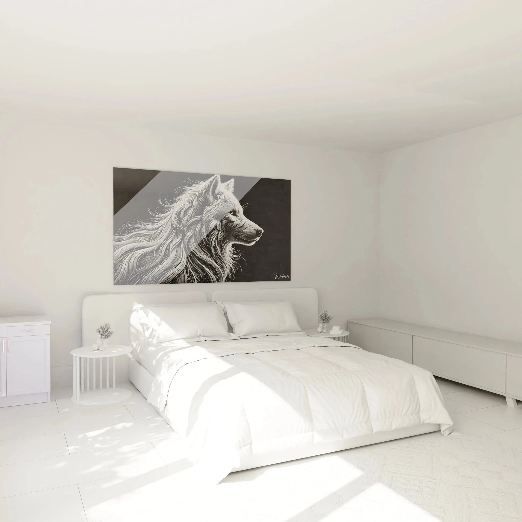 Wolf Wandbild XXL in Schlafzimmer Ambiente, schwarzweiße Leinwand Kunst als stilvolle Wanddekoration