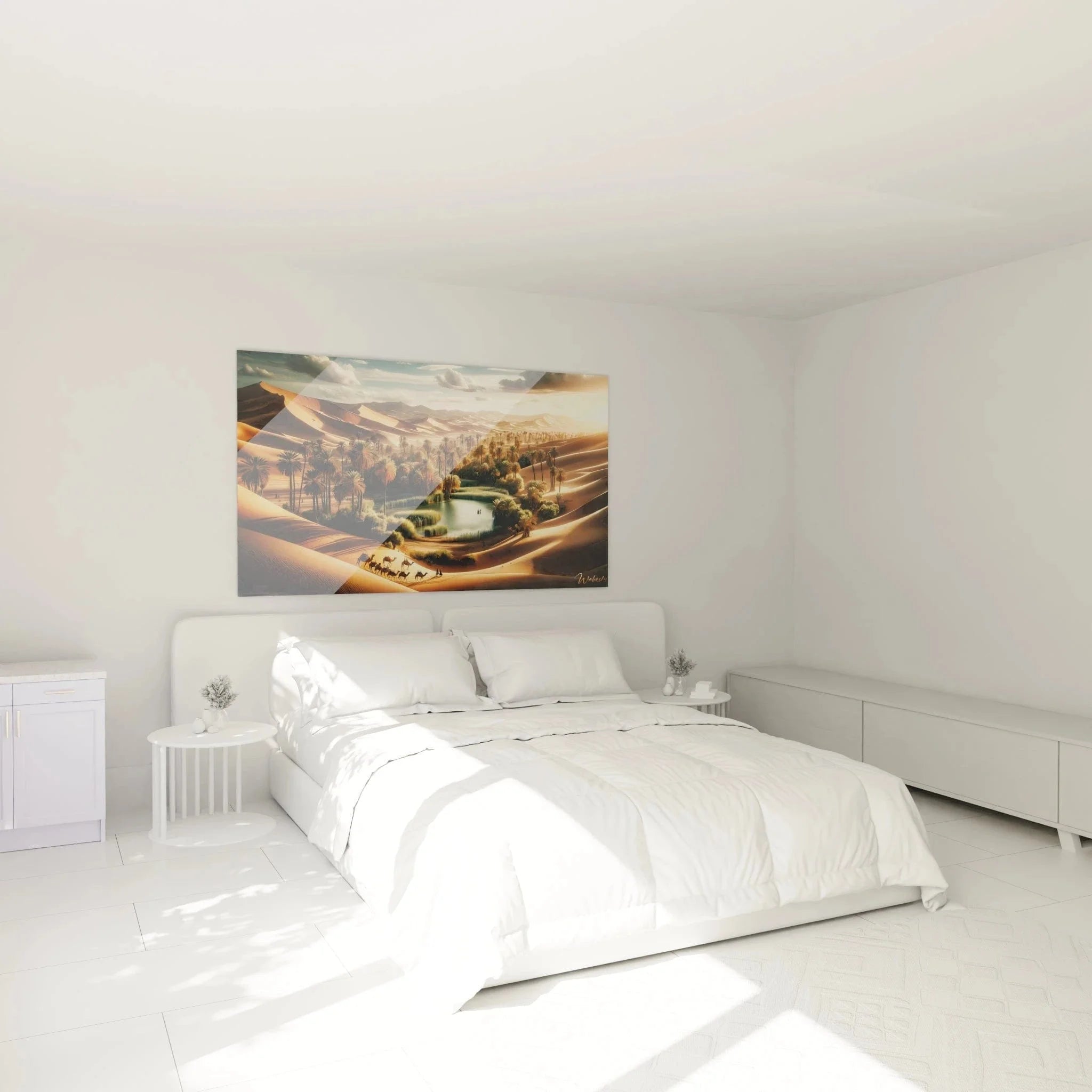 Wüsten Wandbild Oase im Schlafzimmer, warme Atmosphäre mit Kamelkarawane und Palmen