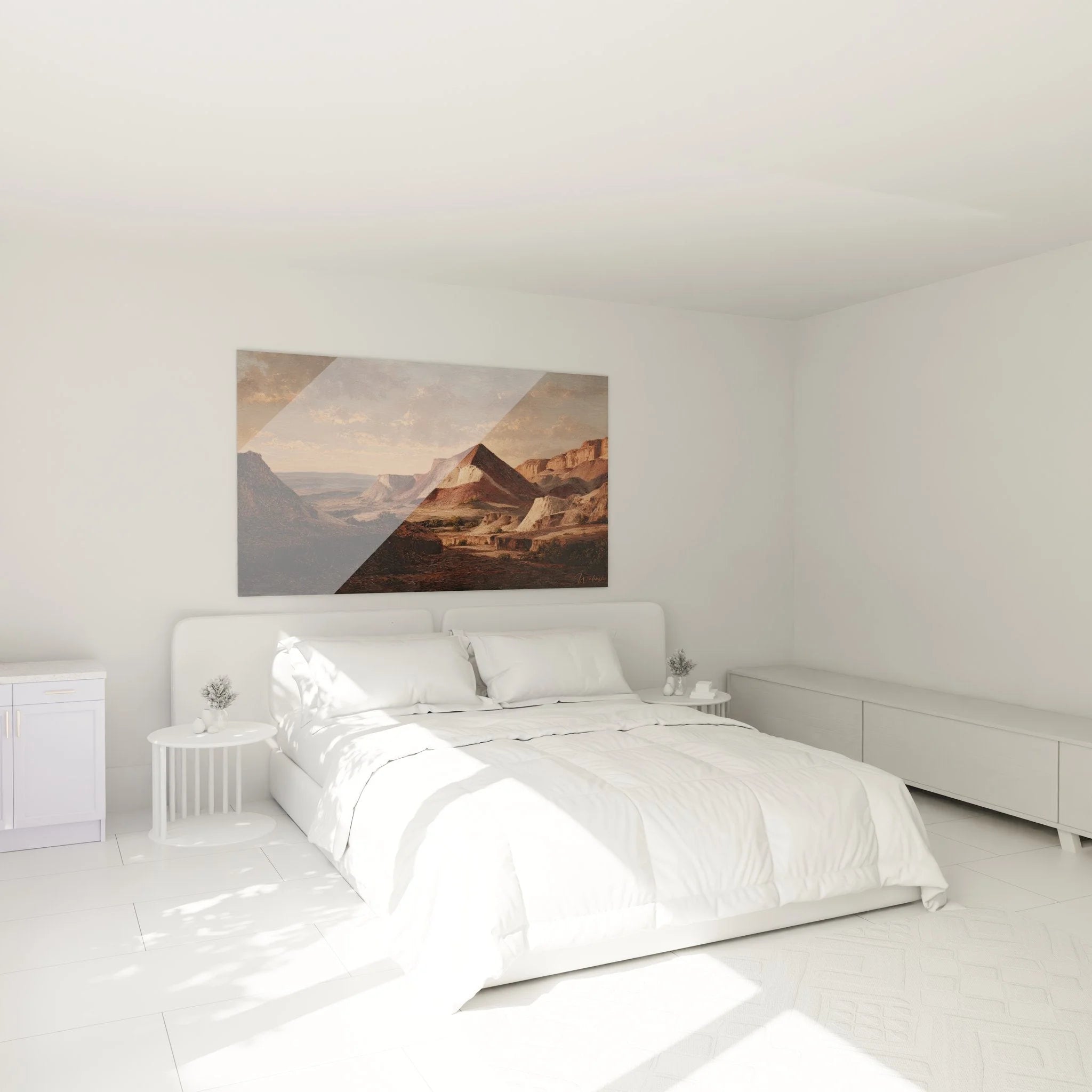 Wüsten Wandbild XXL in modernem Schlafzimmer - dramatische Felsformationen als Wanddekoration