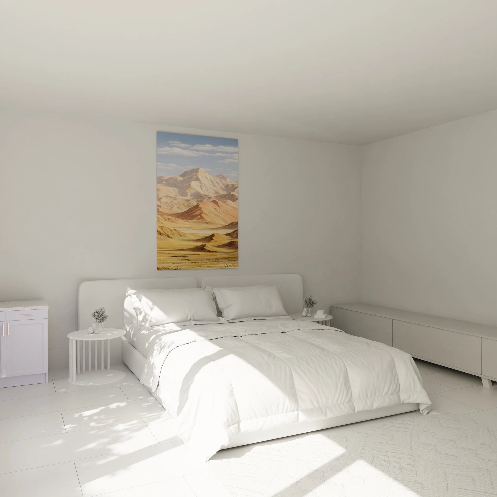 Wüstenlandschaft Wandbild in elegantem Schlafzimmer, goldene Berge als stilvolle Wanddekoration