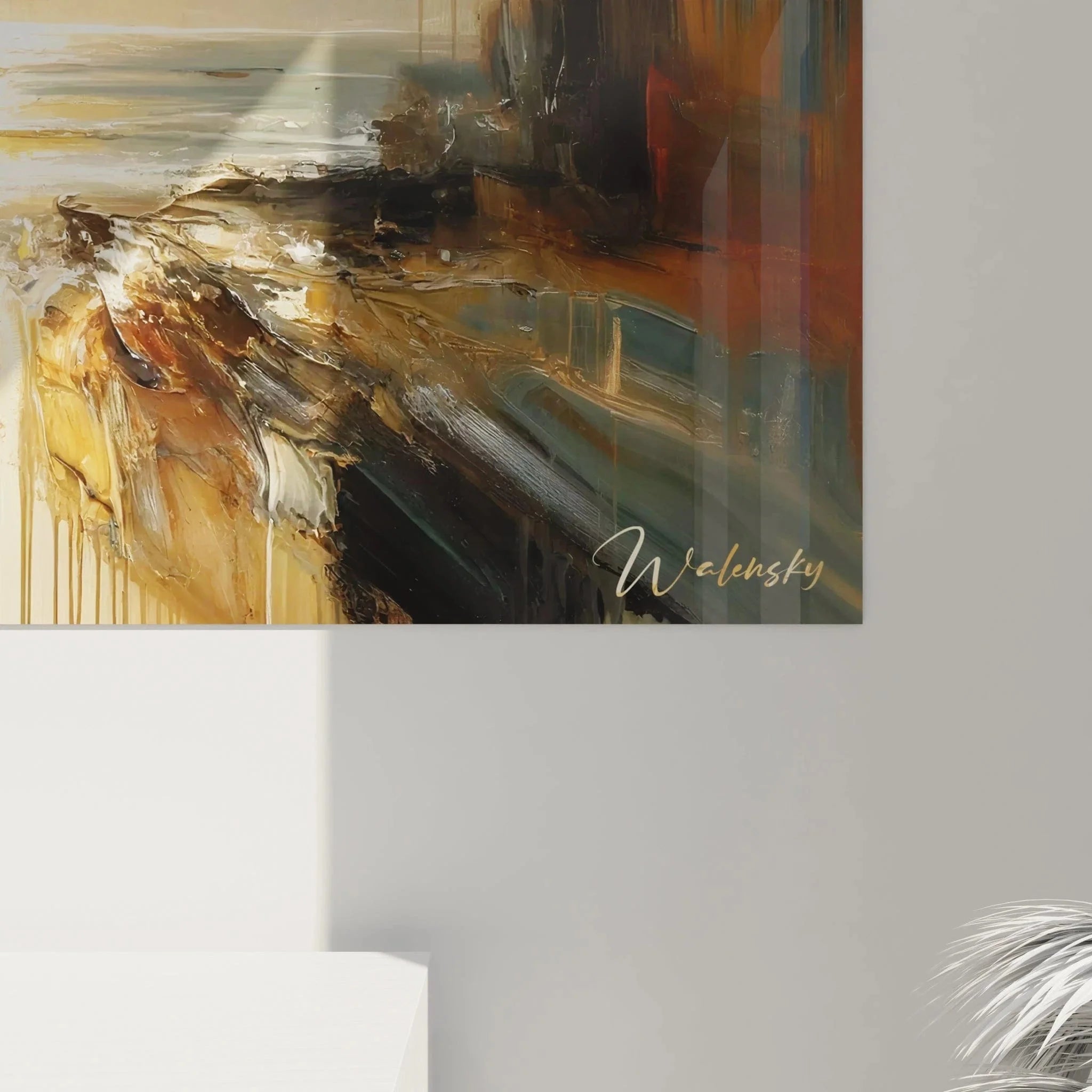 Gesamtansicht Wandbild abstrakte Architektur XXL Format, verfallene Hallen mit goldenem Licht als moderne Wanddekoration