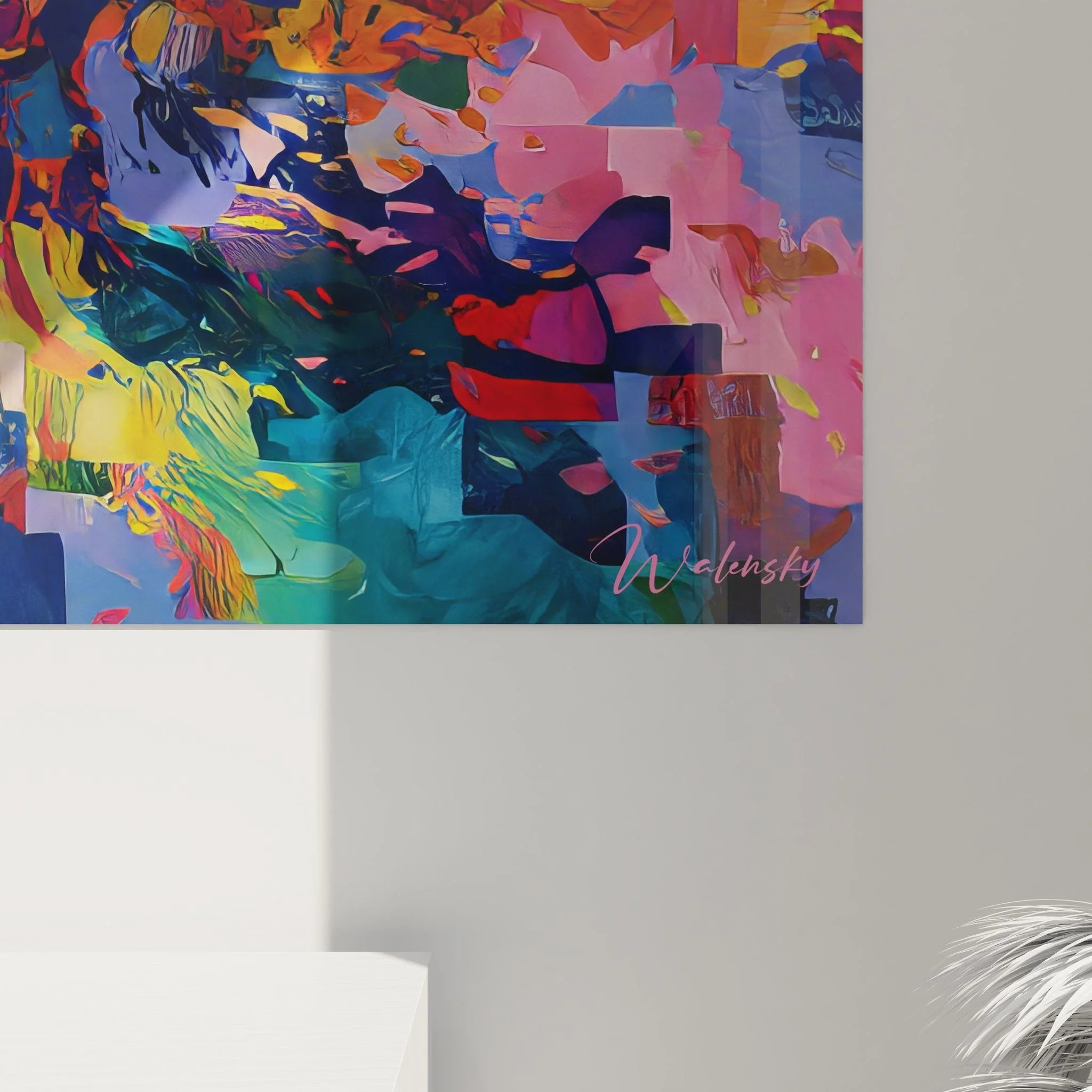 Gesamtansicht des XXL Wandbildes abstrakte Farbexplosion mit explosiver Farbdynamik und geometrischen Elementen