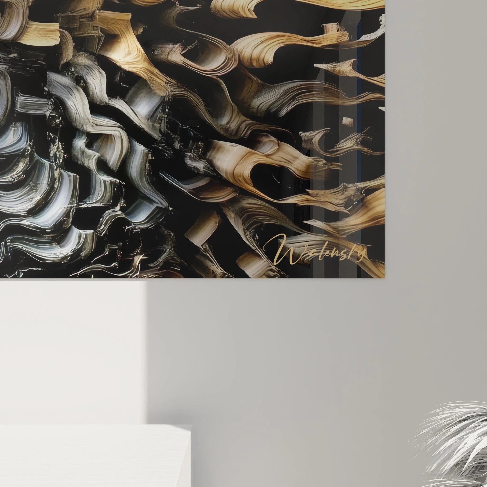 Gesamtansicht XXL Wandbild abstrakte Gesichtskunst mit geometrischer Dekonstruktion für moderne Wandgestaltung