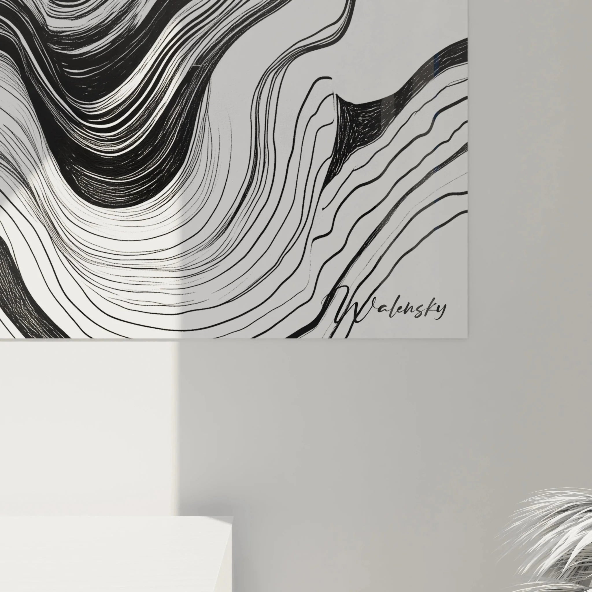 Gesamtansicht des XXL Wandbildes mit abstrakten Linien in modernem Wohnraum