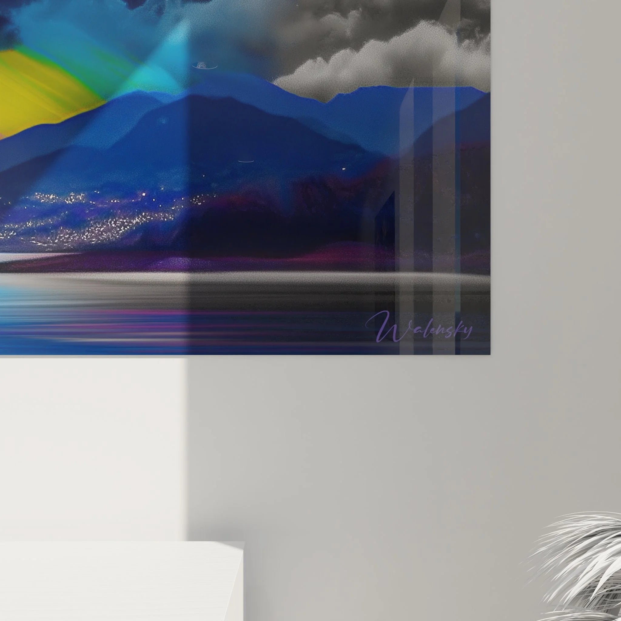 Gesamtansicht XXL Wandbild Berglandschaft mit spiegelndem See in modernem Wohnraum