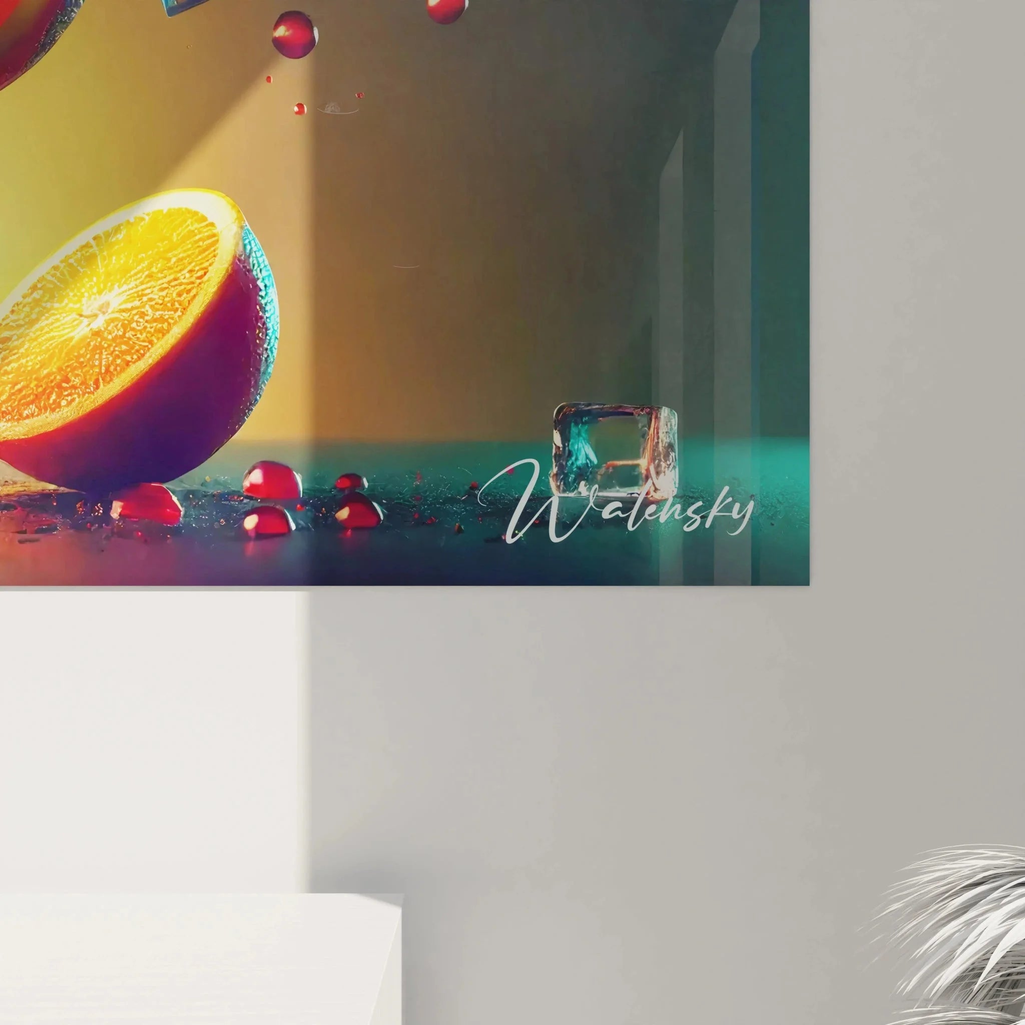 Gesamtansicht XXL Wandbild Cocktail Splash Tequila Sunrise Küchendeko mit Früchten und dynamischen Effekten