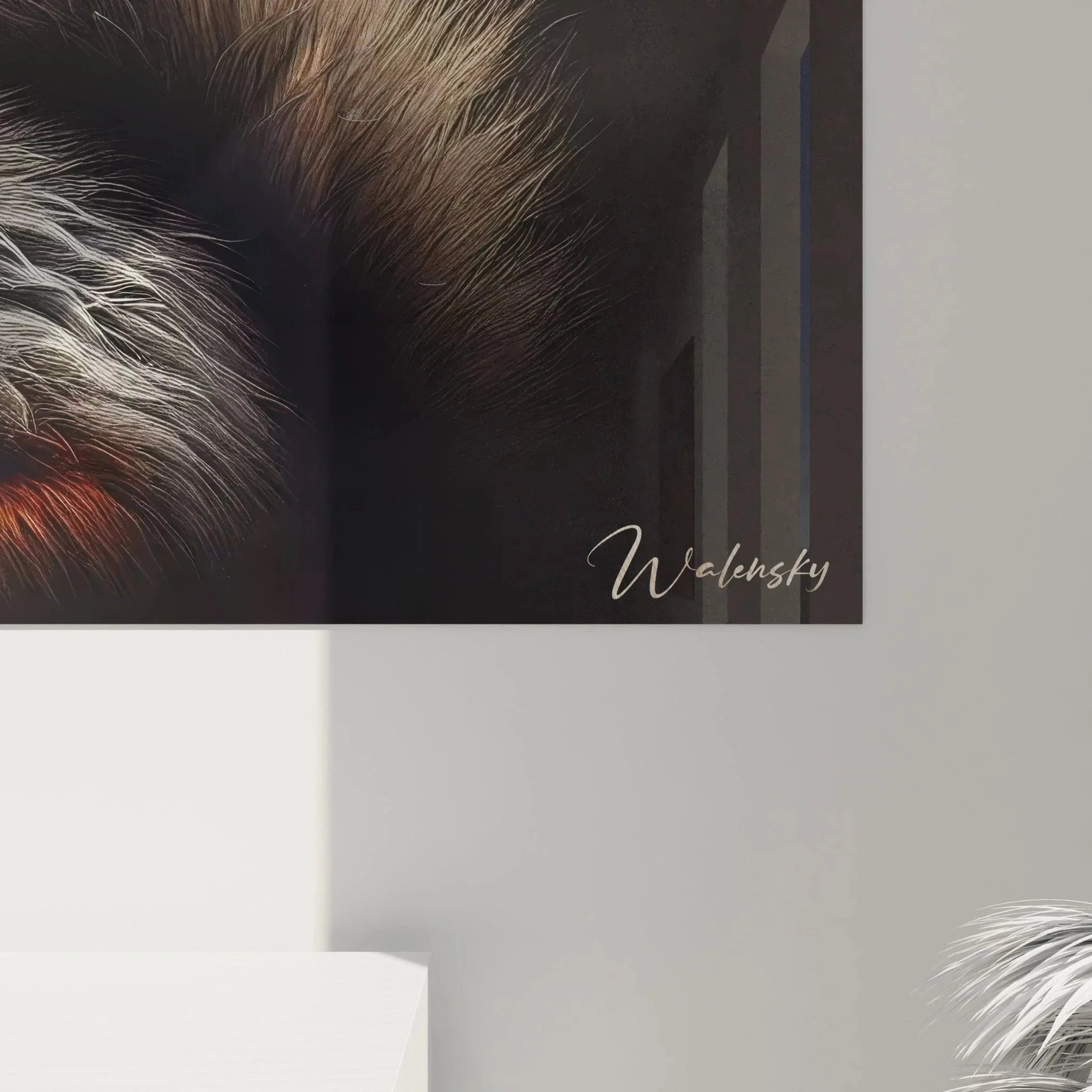 Gesamtansicht des XXL Eichhörnchen Wandbildes mit feurigen Farben als moderne Wanddekoration