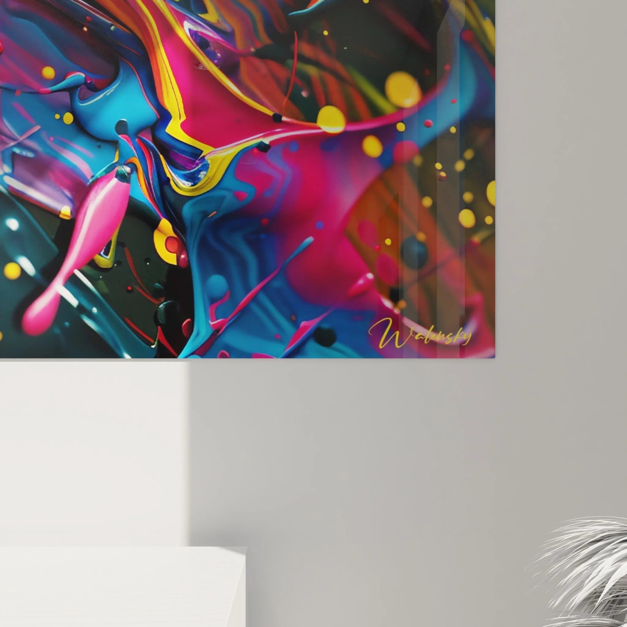 Gesamtansicht XXL Wandbild abstrakte Farbkomposition mit dynamischen Farben in Premium Malerei-Optik