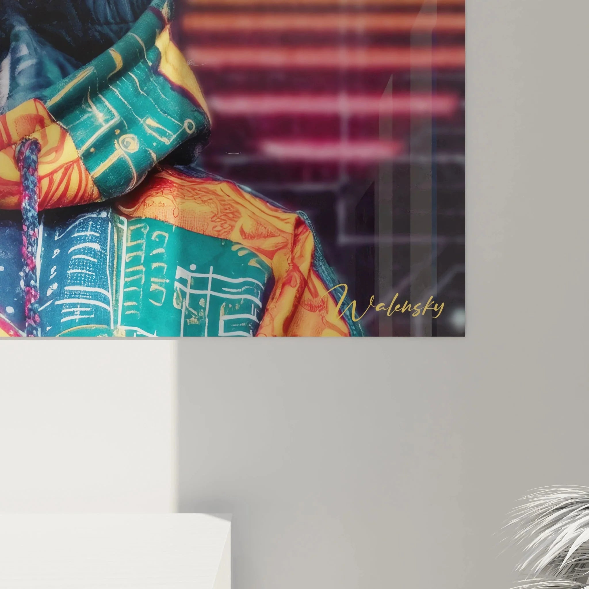 Gesamtansicht XXL Wandbild futuristische Frau, Cyberpunk Streetwear Kunst mit urbaner Neon-Atmosphäre