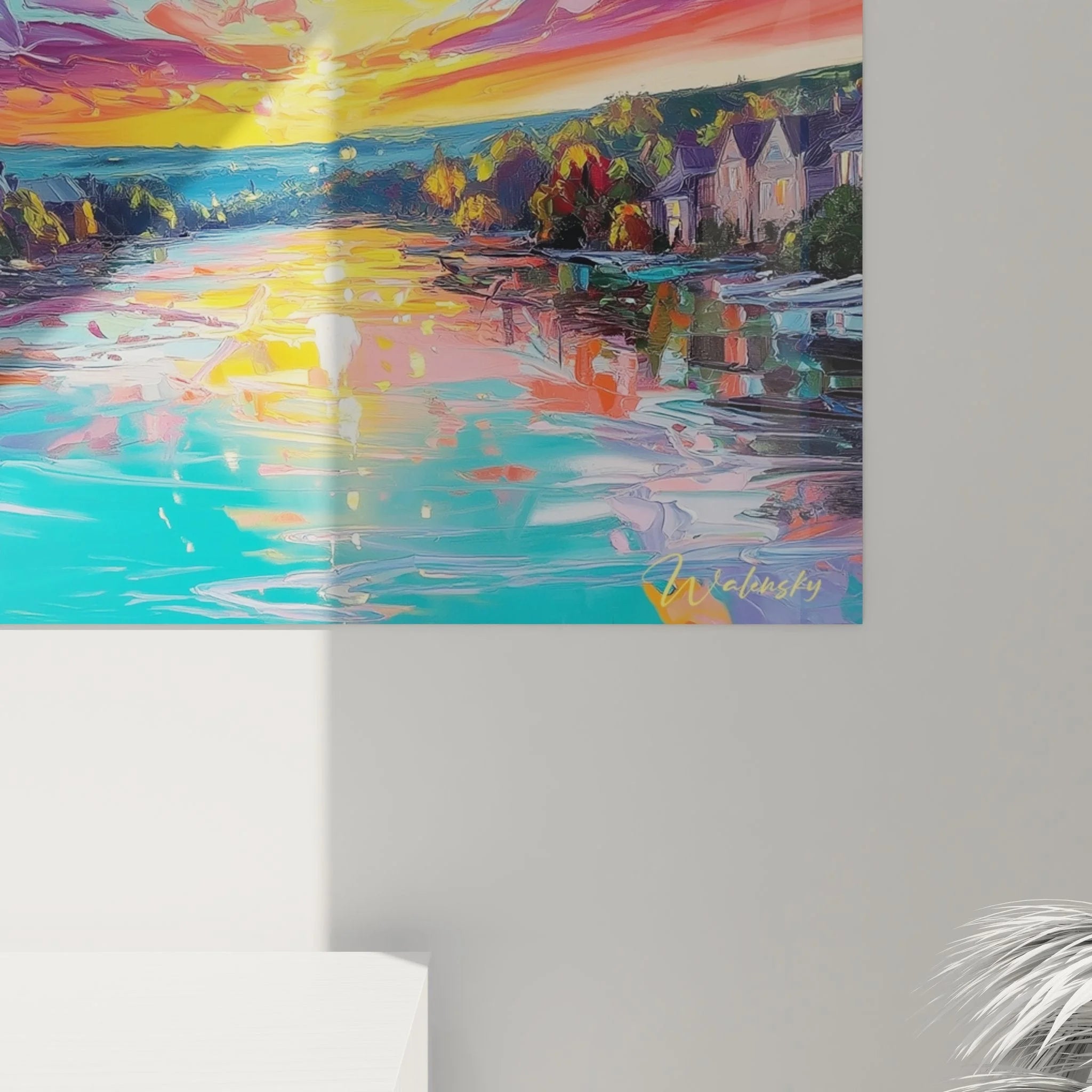 Gesamtansicht XXL Wandbild Heißluftballon Traumlandschaft mit bunten Ballons und malerischem Dorf