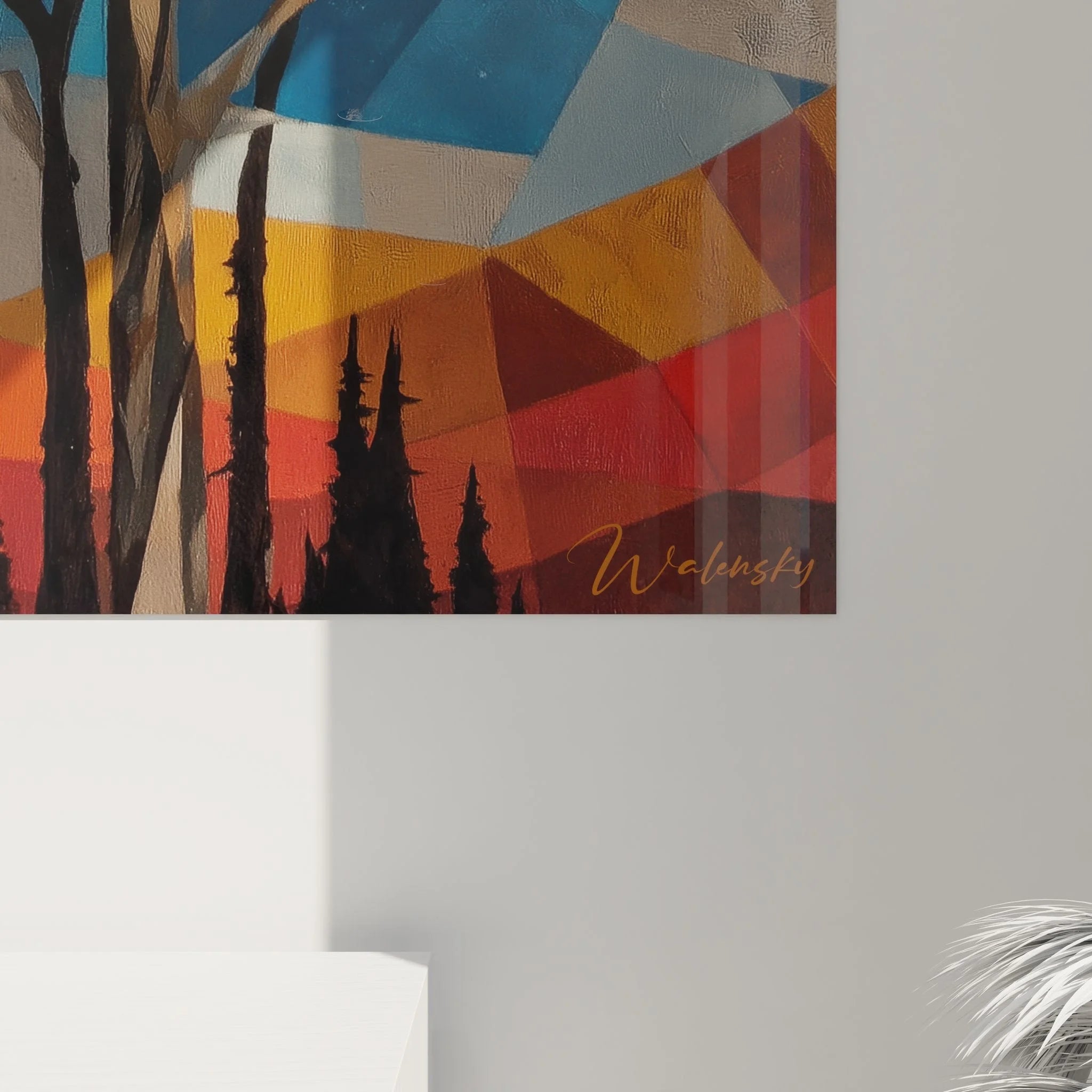 Gesamtansicht Wandbild Kilimandscharo XXL geometrisch mit Schirmakazie und Sonnenaufgang Savanne