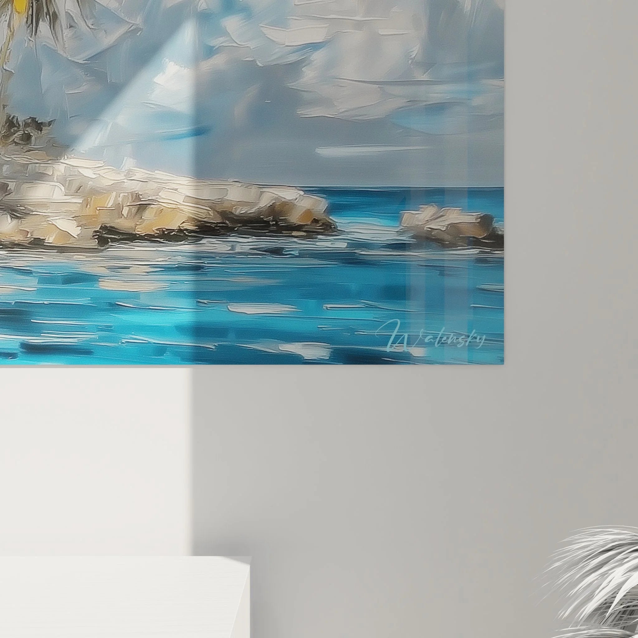 Gesamtansicht XXL Wandbild Küstenlandschaft - mediterrane Hafenszene mit Palmen und Architektur