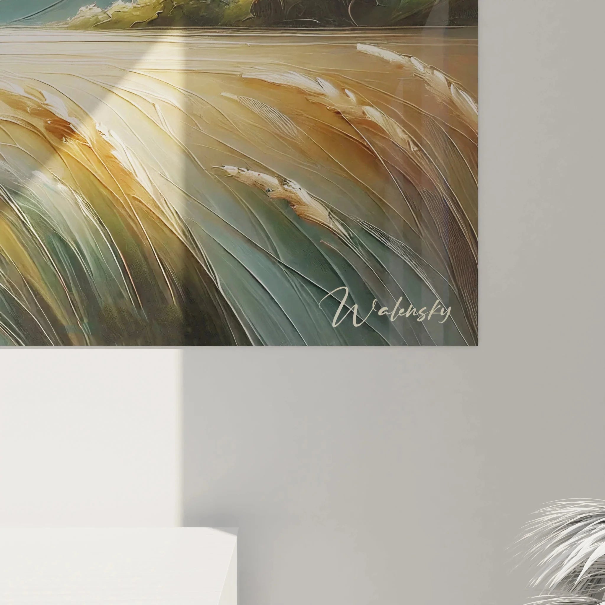 Gesamtansicht XXL Wandbild Pferde Landschaft - goldener Himmel über Kornfeld