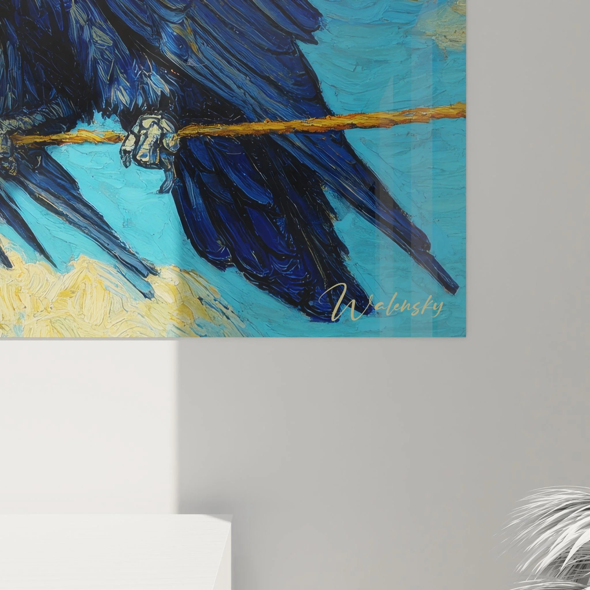 Gesamtansicht Wandbild Drei Raben - mystische Vogeldarstellung mit blauem Himmel und goldenen Wolken, XXL Format