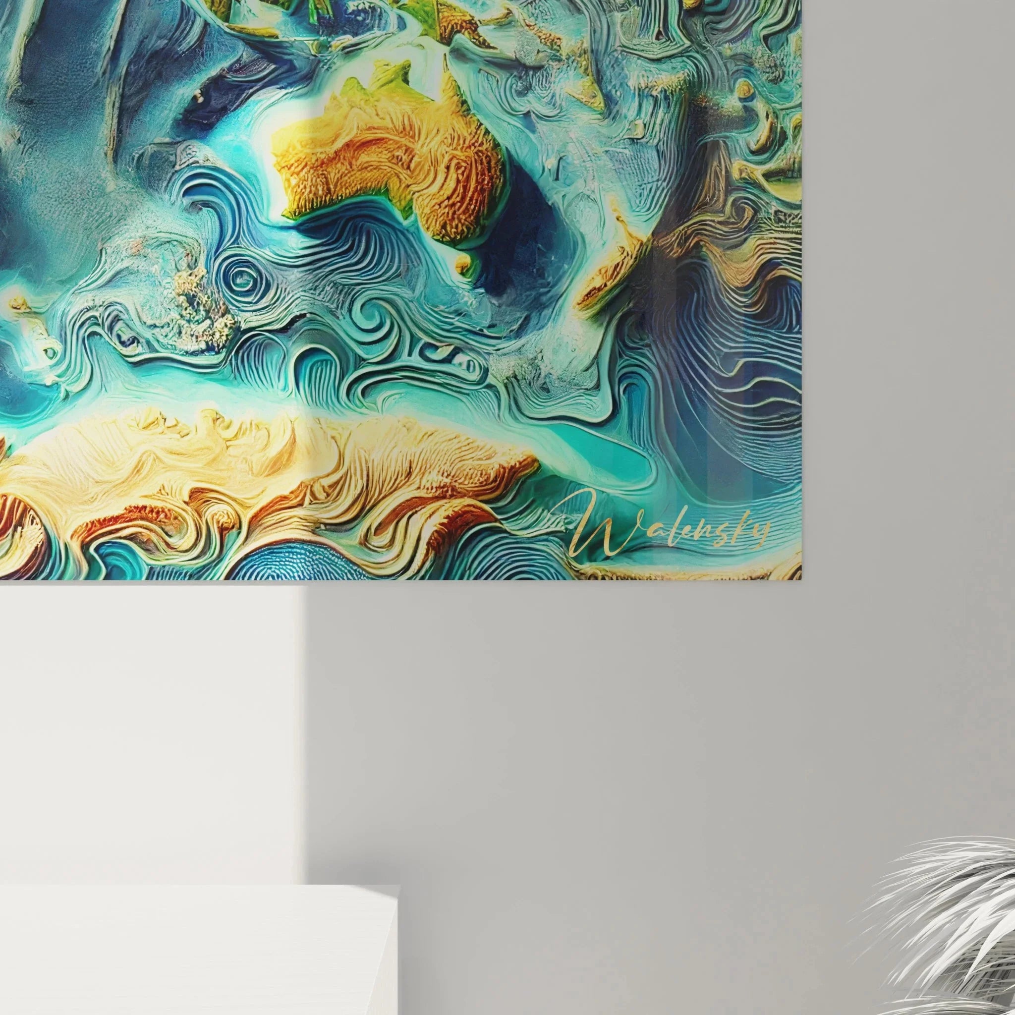 Gesamtansicht des XXL Wandbildes Weltkarte topografisch als moderne Wohnraumdekoration im Panoramaformat