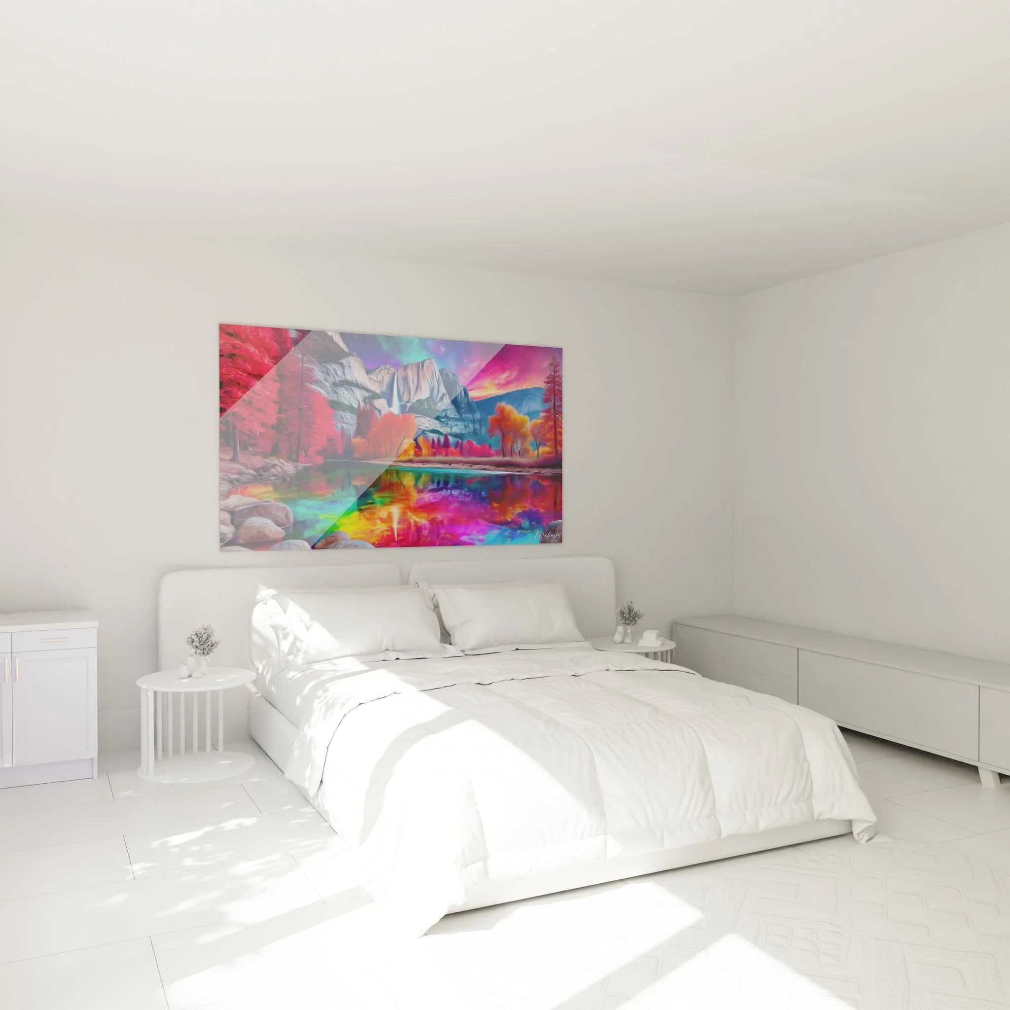Yosemite Wasserfall Wandbild XXL in Schlafzimmer Ambiente mit bunten Regenbogenfarben