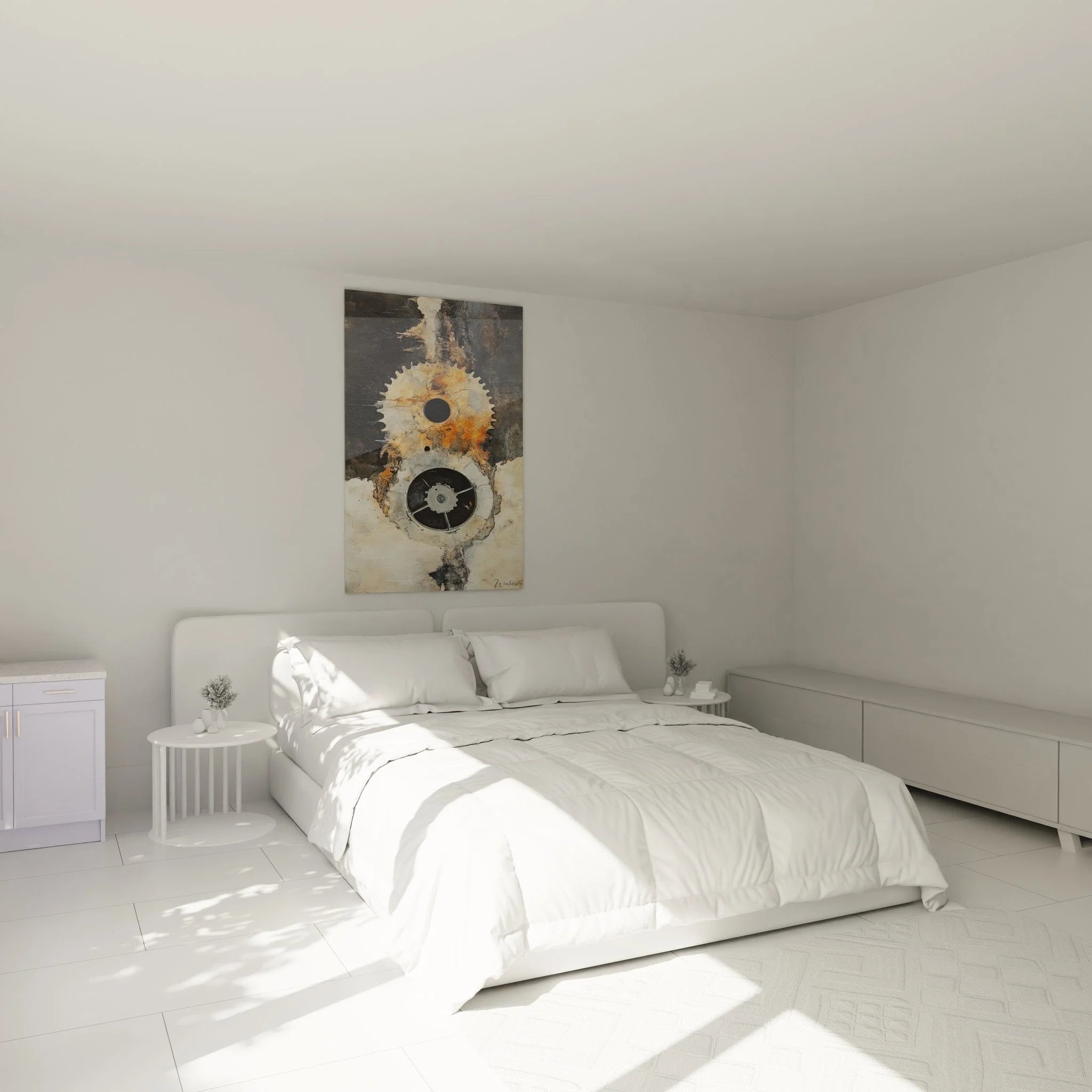 Zahnräder Wandbild Industrial Style im modernen Schlafzimmer mit rustikaler Dekoration