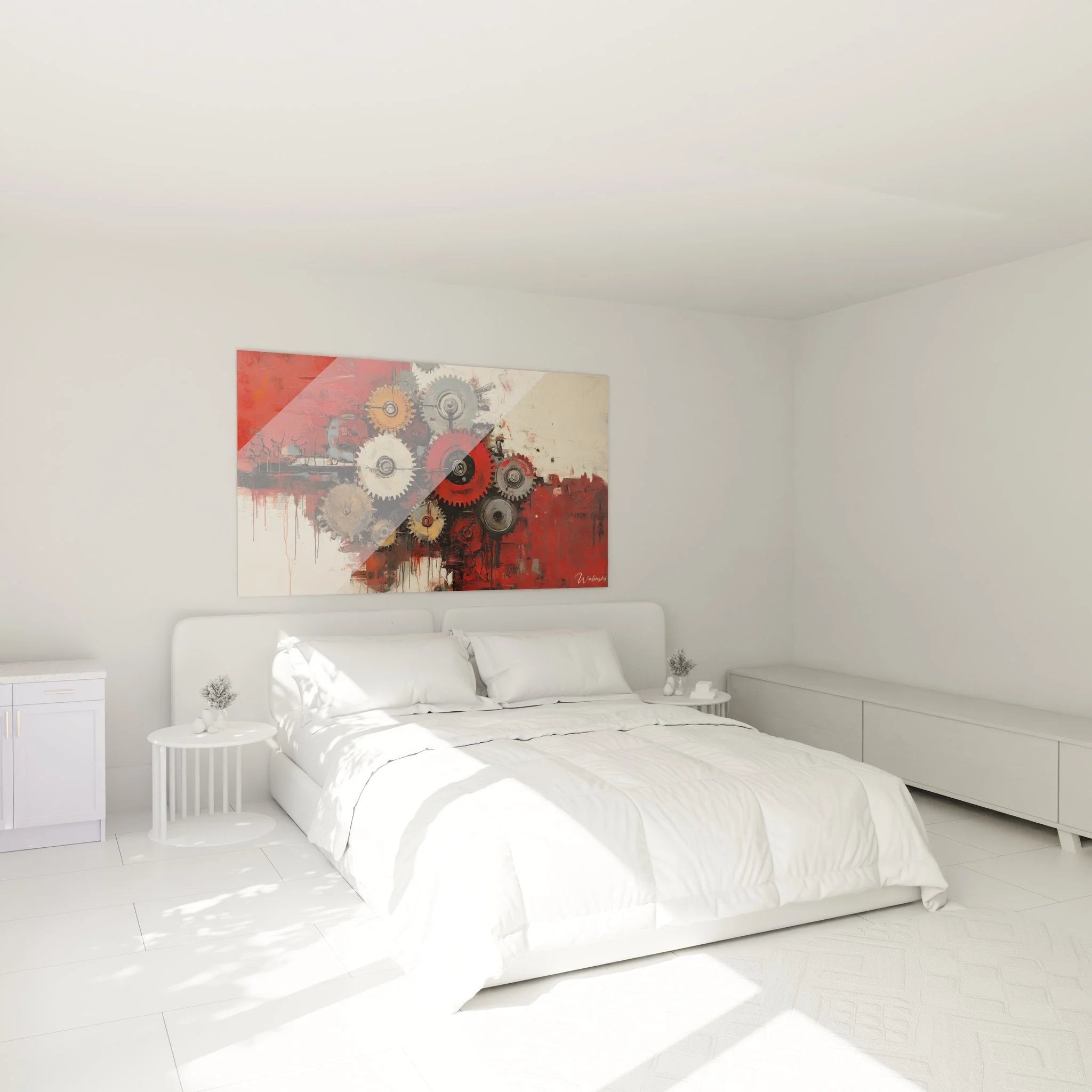 Wandbild Zahnräder abstrakt im Schlafzimmer, moderne industrielle Wanddekoration