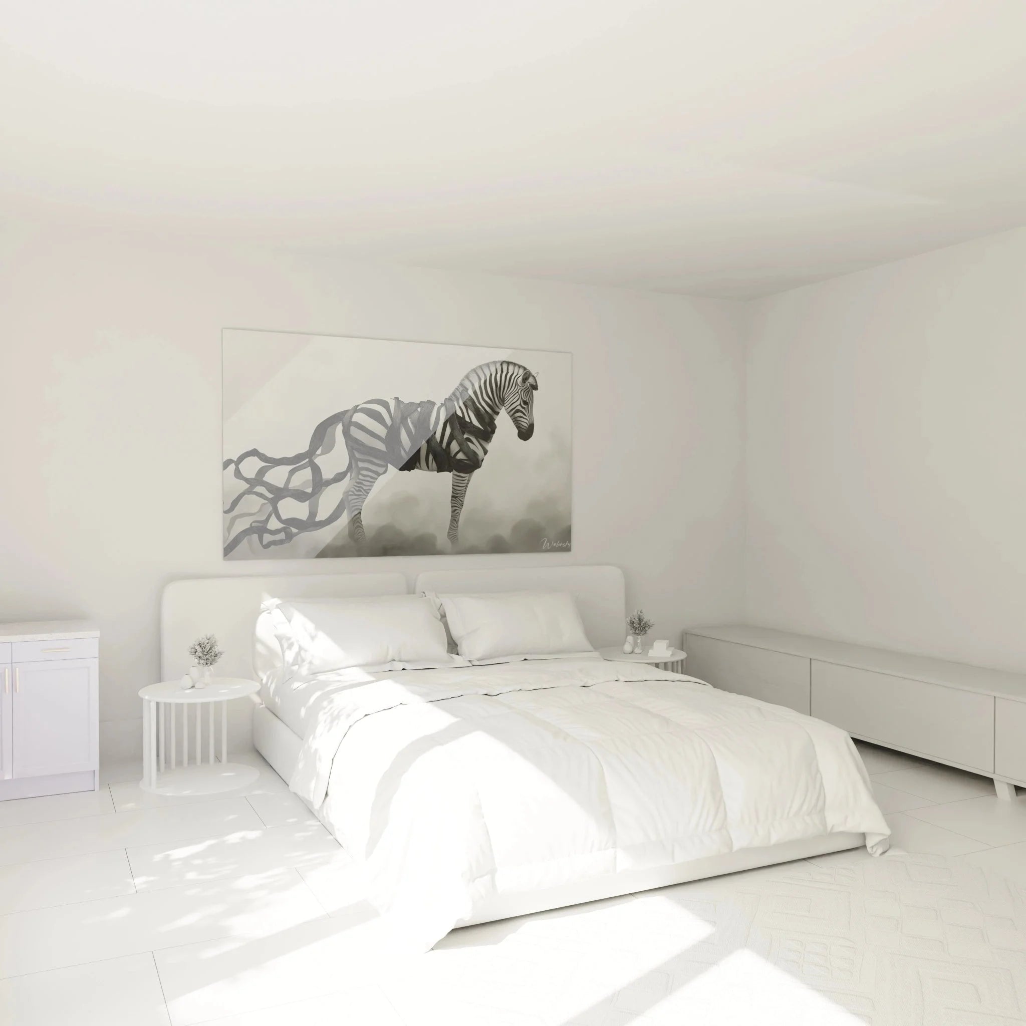 Wandbild Zebra surreal in modernem Schlafzimmer - schwarzweiße surrealistische Wandkunst
